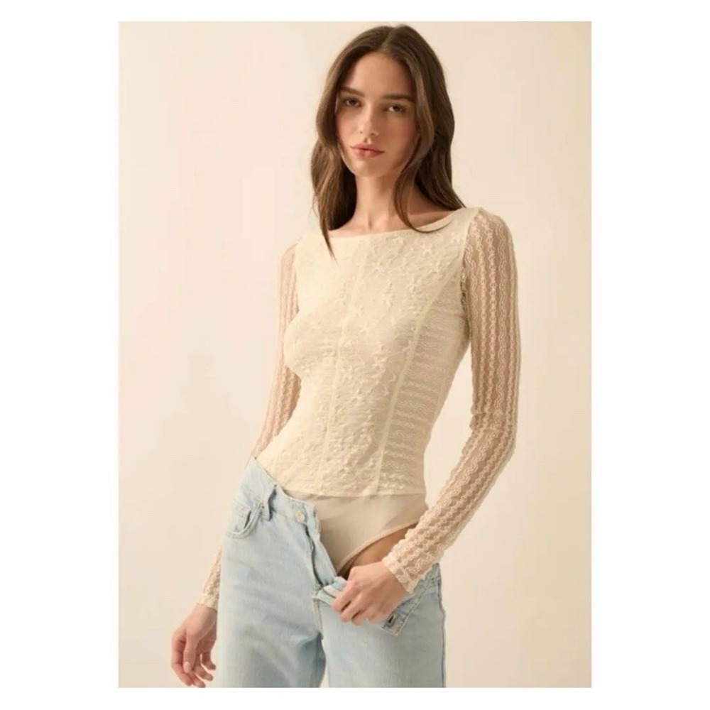 Promesa Light Lace Layering Boatneck Bodysuit‎ Cream Ivory Medium NWT Sheer